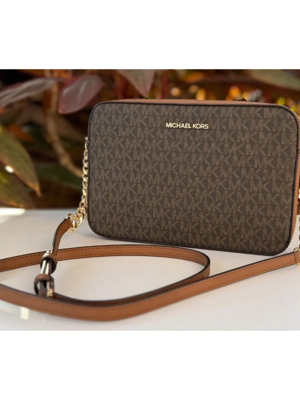 Michael Kors Jet Set East West Crossbody Bag Brown MK Signature PVC New